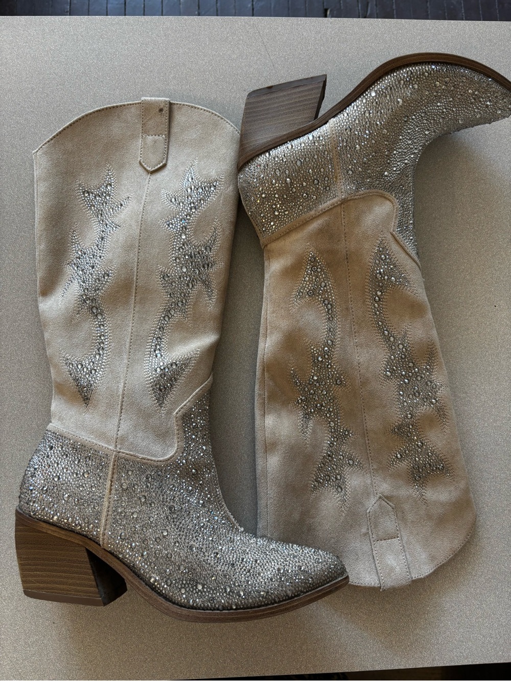 Madden NYC Embellished Cream Suede Western Tall Boots - Picture 3 of 14